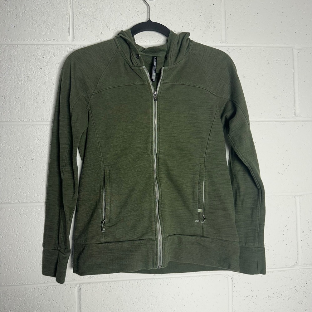 KUHL Womens Small Olive Green Slub Knit Full Zip Hooded Jacket Raglan Hoodie